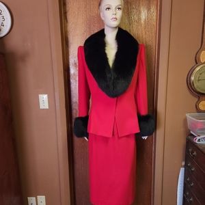 Vintage 70's Red Lilli Ann Wool Suit 8/10 w/ Black Fox Fur Collar & Cuffs Adolph